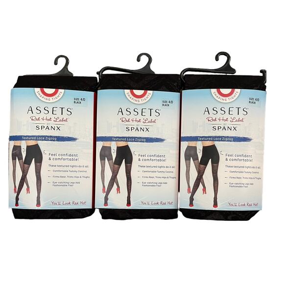 SPANX Assets Red Hot Label 3 Pair Textured Lace ZigZag Shaping Tights Black 4 D - Picture 1 of 8